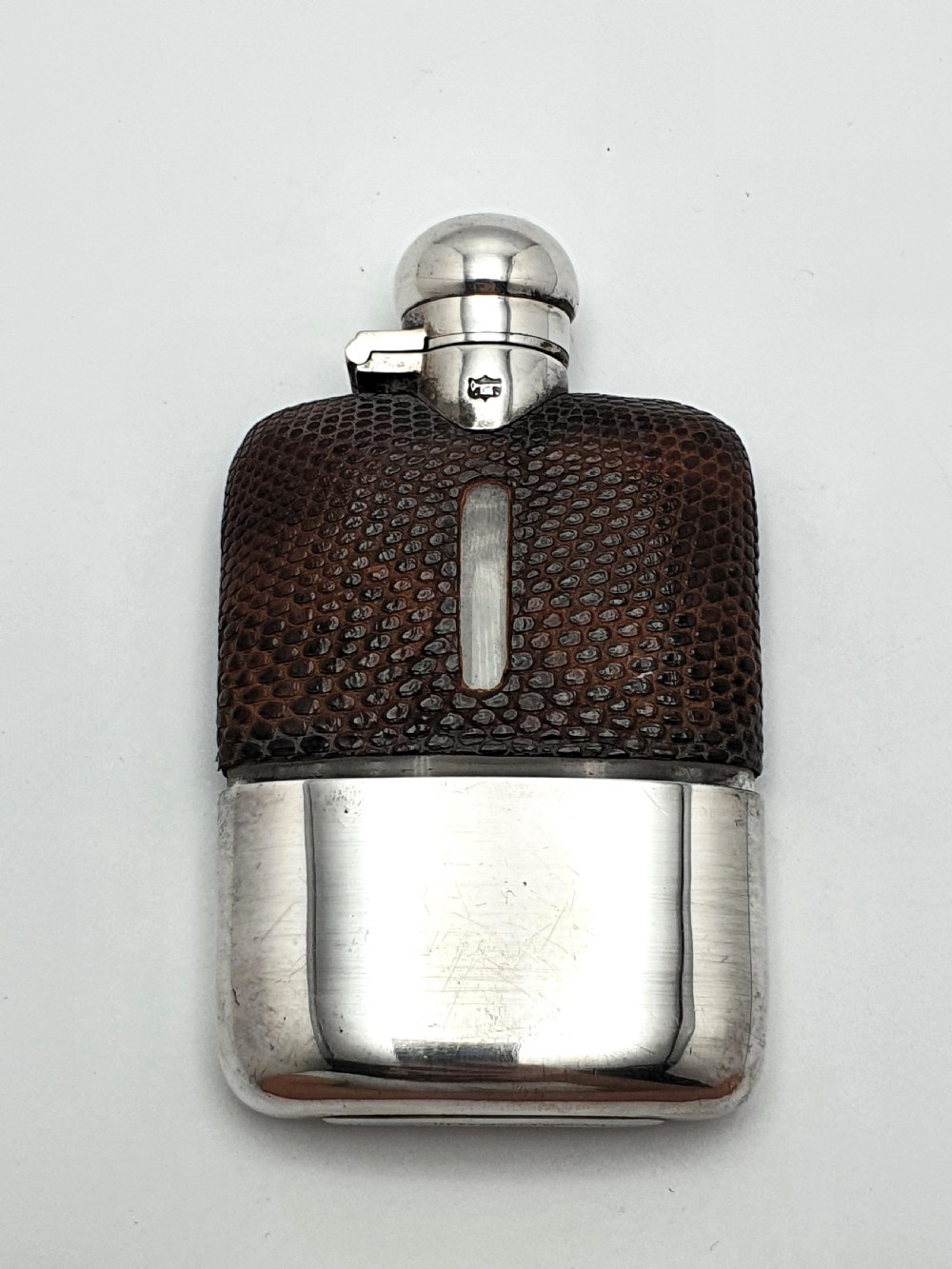 Handsome English Antique Silver Plate and Leather Hip Flask - circa 1920 View IV