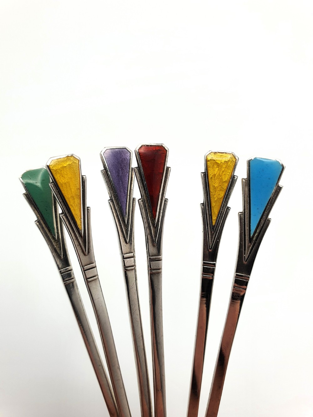 Pretty Silver and Coloured Enamelled Art Deco Teaspoons - 1938 View V