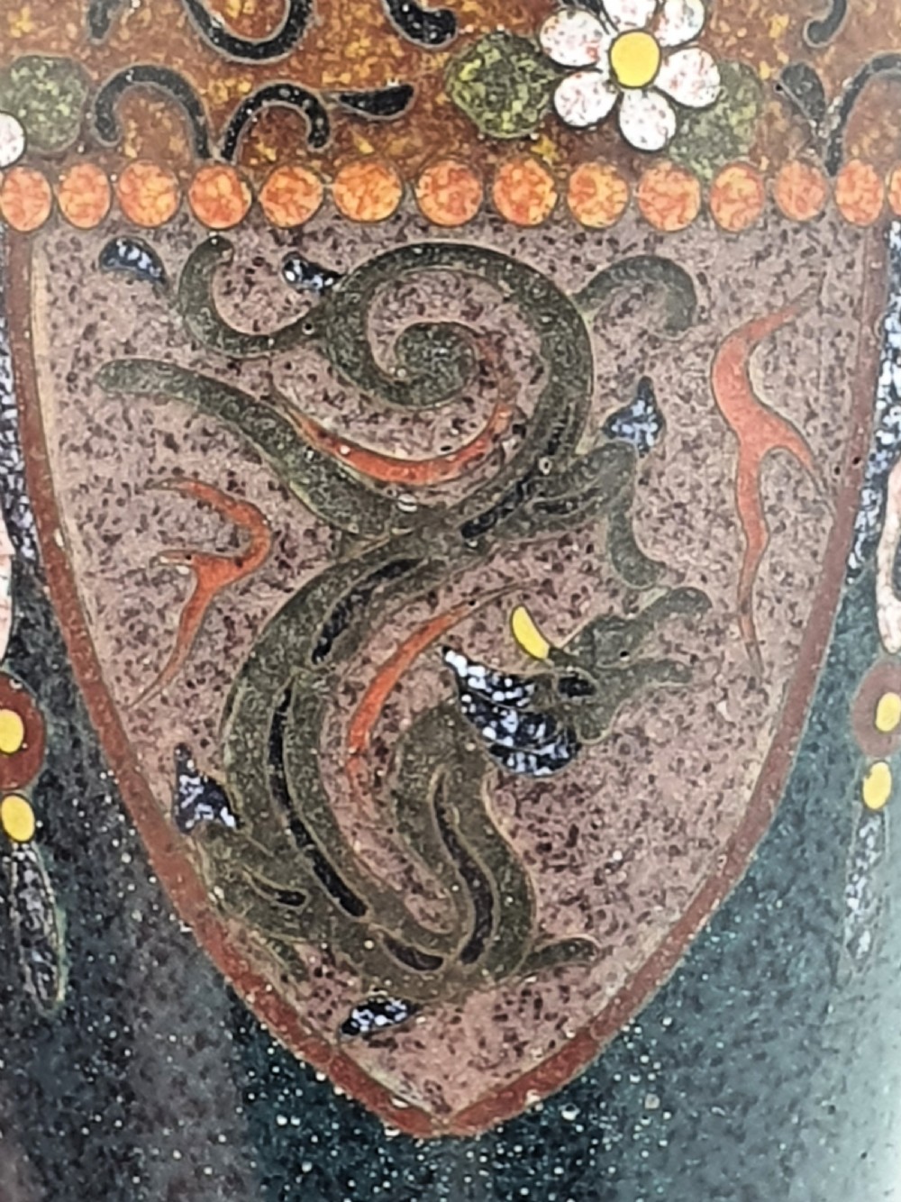 A pair of small dark brown Japanese cloisonne enamel vases decorated with bird and floral motifs. View VI
