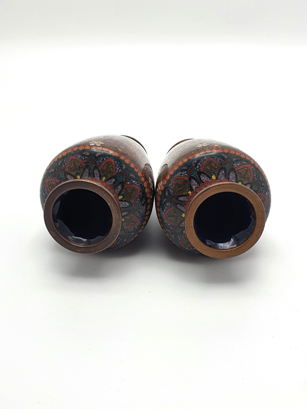 A pair of small dark brown Japanese cloisonne enamel vases decorated with bird and floral motifs. View VII