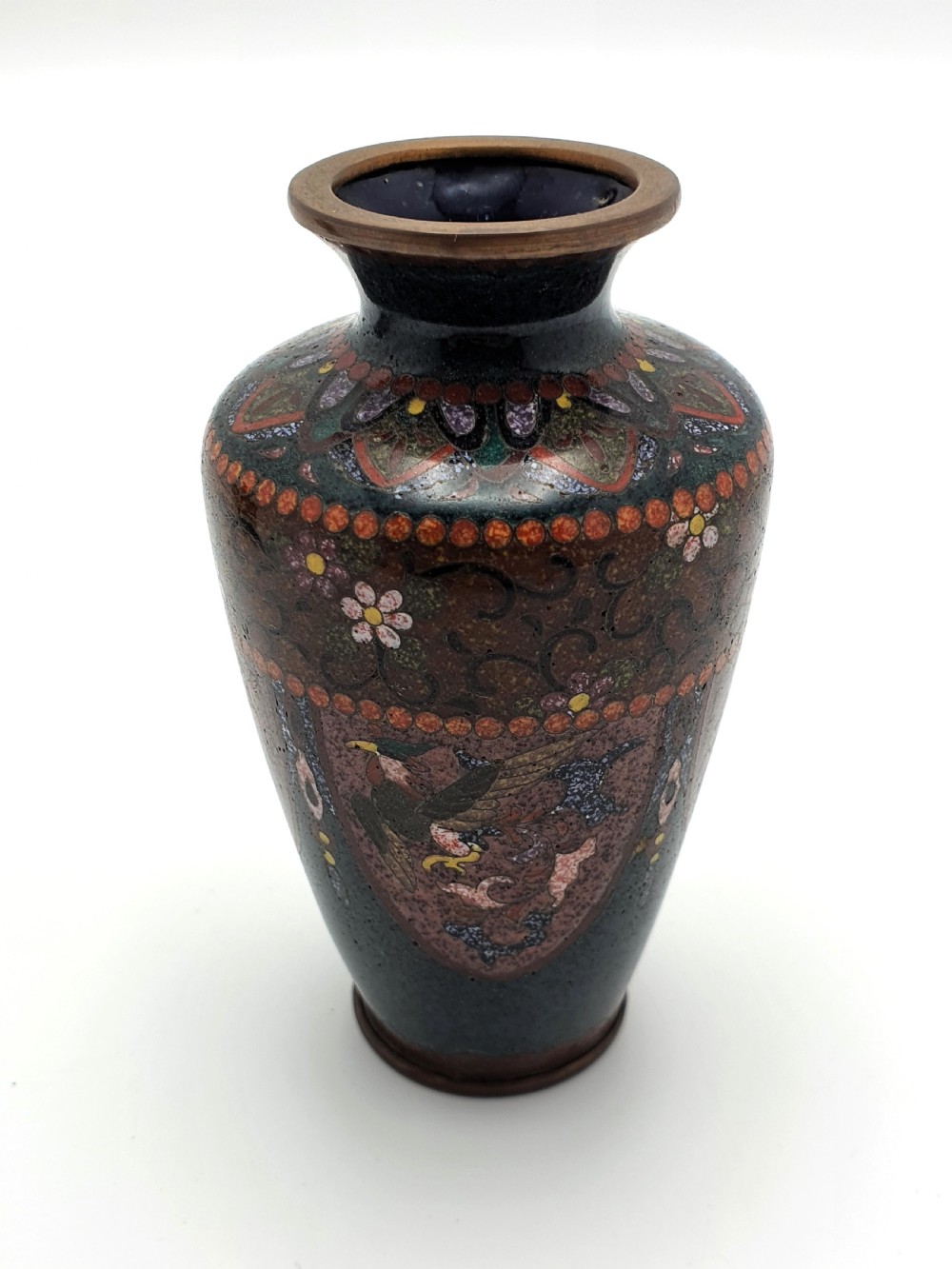 A pair of small dark brown Japanese cloisonne enamel vases decorated with bird and floral motifs. View IX