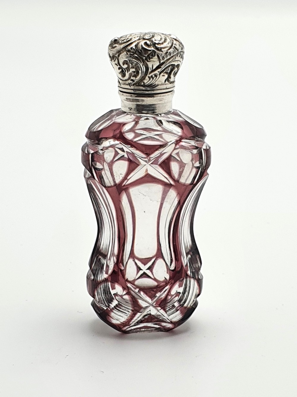 Pretty purple overlay cut glass scent bottle – English antique – circa 1880