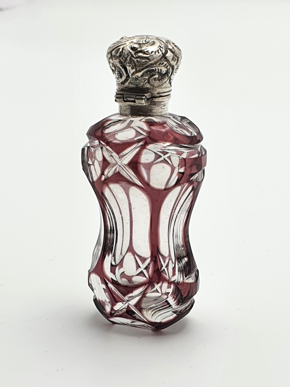 Pretty purple overlay cut glass scent bottle – English antique – circa 1880 View II