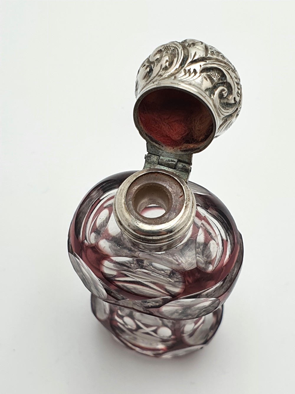 Pretty purple overlay cut glass scent bottle – English antique – circa 1880 View V
