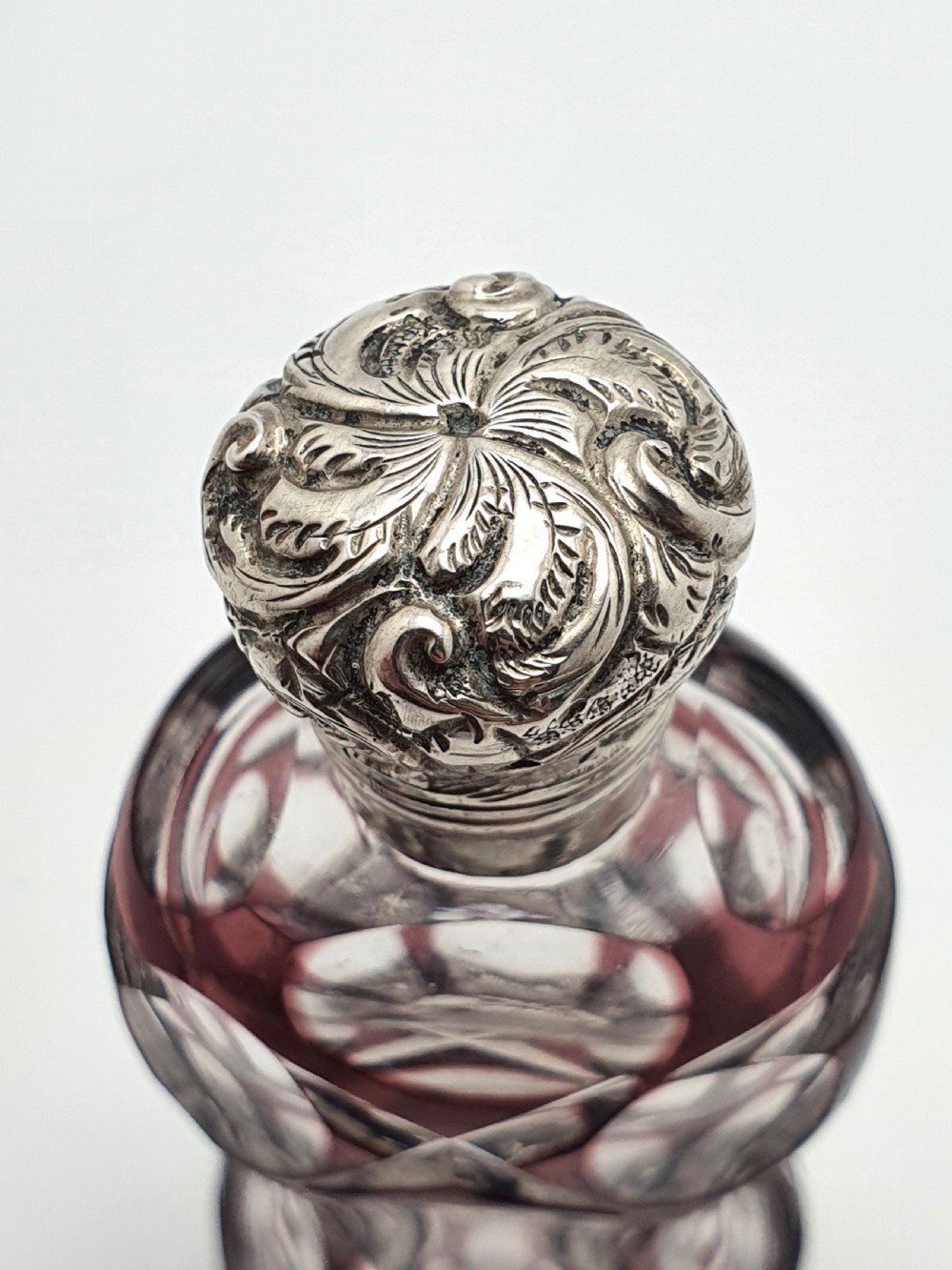 Pretty purple overlay cut glass scent bottle – English antique – circa 1880 View VI