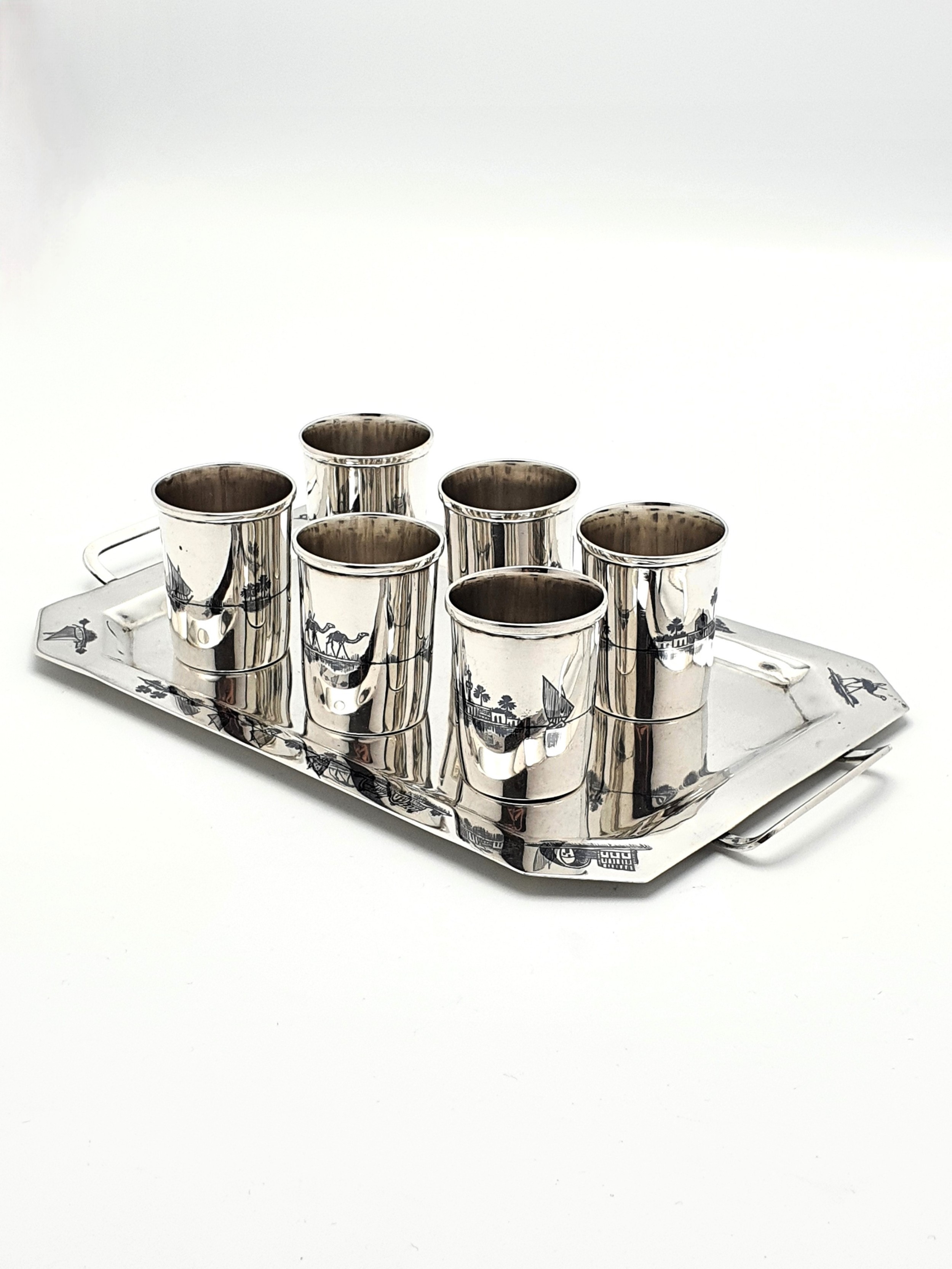 Fabulous Middle Eastern Silver set of cups on tray – circa 1920