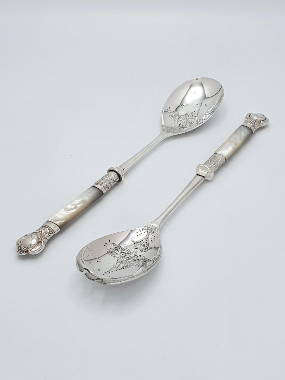 Superb Pair of Mother of Pearl Handled Salad Servers – circa 1920
