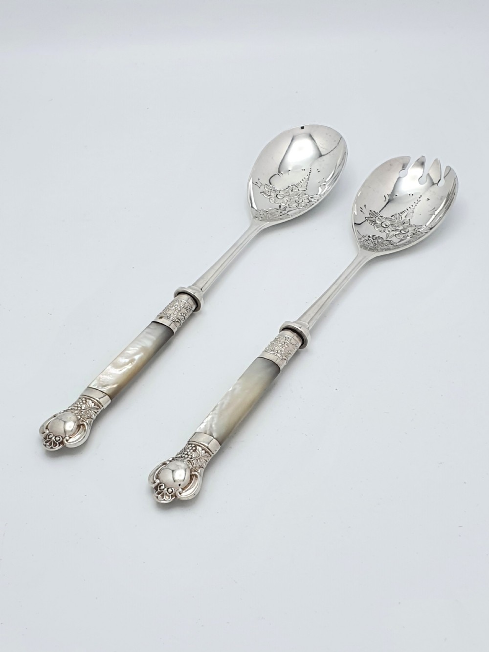 Superb Pair of Mother of Pearl Handled Salad Servers – circa 1920 View II