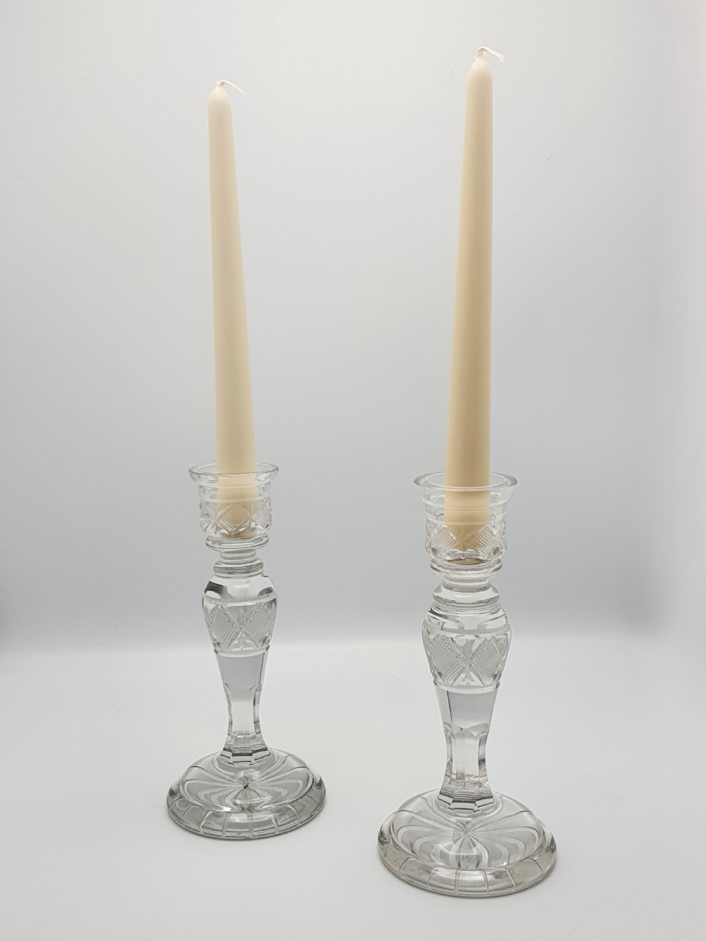 Lovely Pair of Antique Edwardian Cut Glass Candlesticks – circa 1905