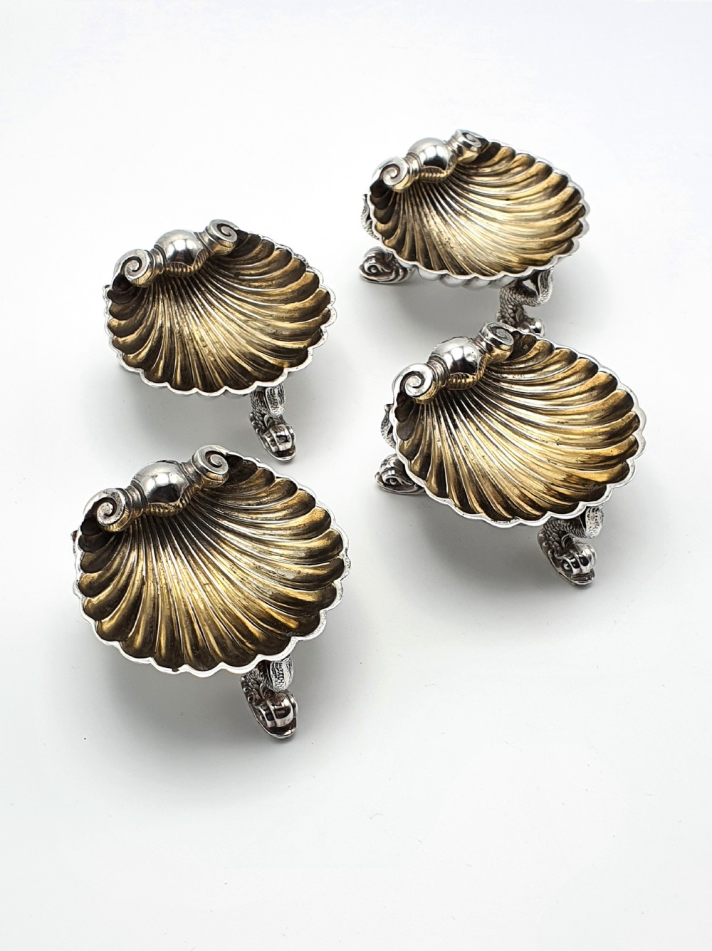 Stylish Set of Four Antique Victorian Silver Shell Salts - London, 1869