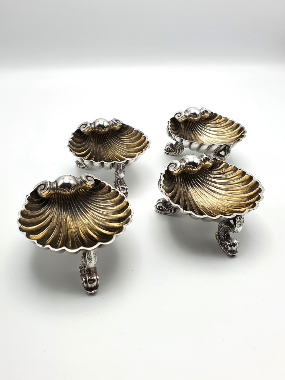 Stylish Set of Four Antique Victorian Silver Shell Salts - London, 1869 View II