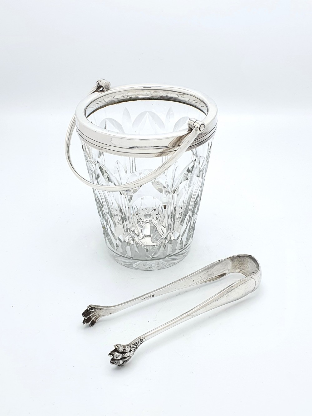 Fabulous English Cut Glass and Silver-Plated Ice Bucket and Tongs – circa 1930