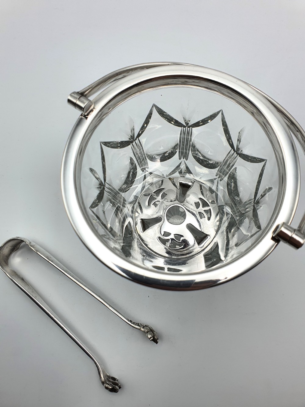 Fabulous English Cut Glass and Silver-Plated Ice Bucket and Tongs – circa 1930 View V