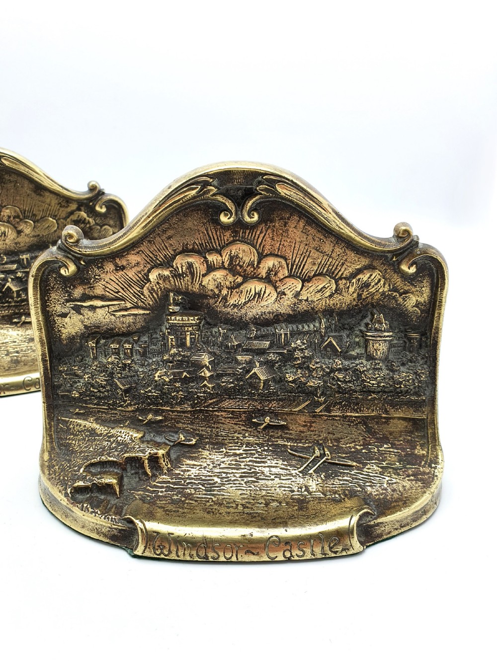 Unusual Pair of Windsor Castle Brass Bookends - circa 1905 View III