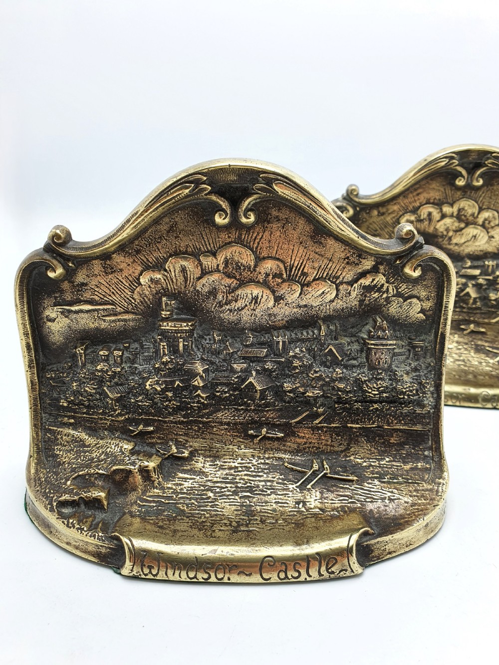 Unusual Pair of Windsor Castle Brass Bookends - circa 1905 View IV