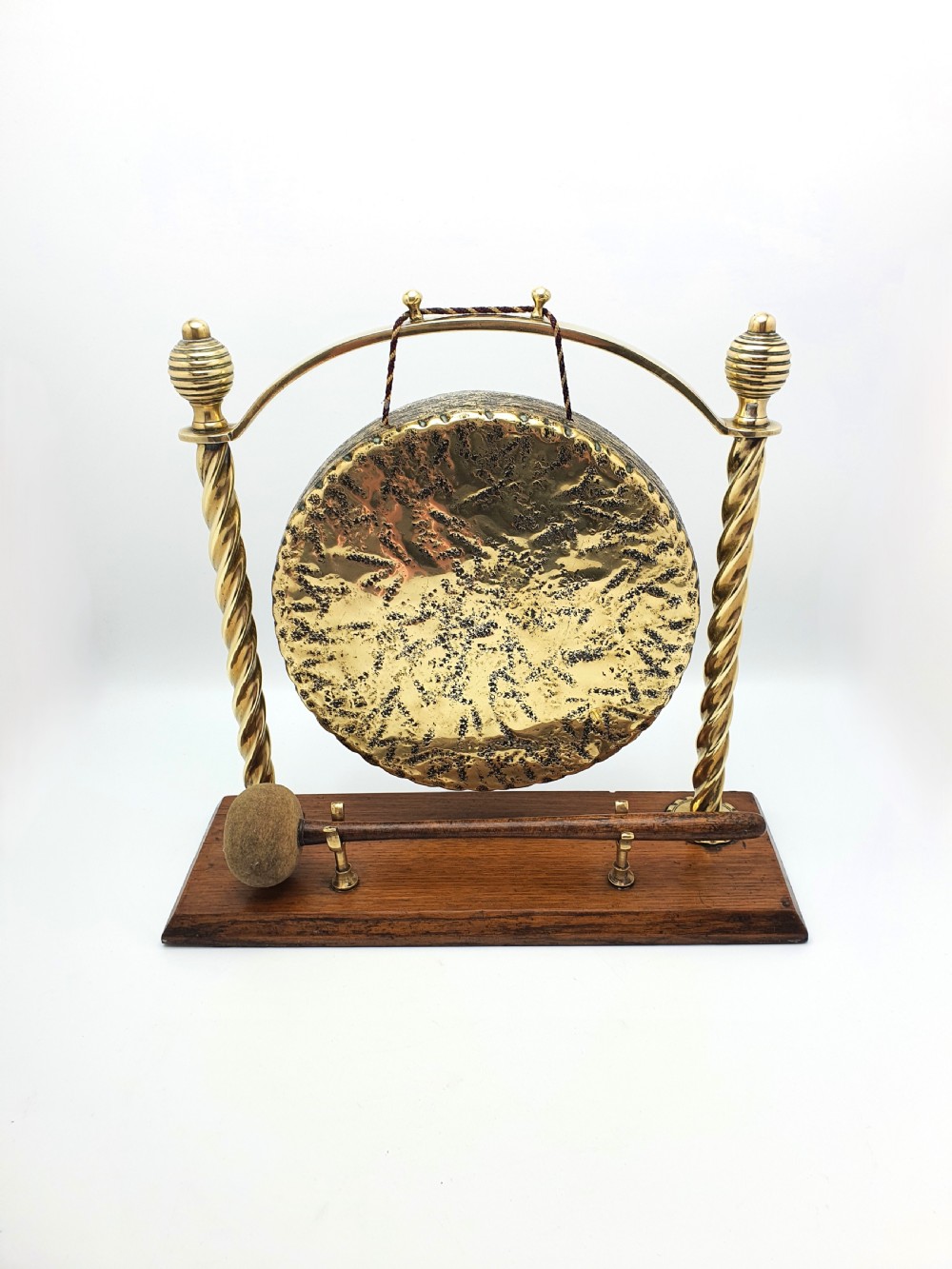 Lovely Edwardian Brass and Oak Dinner Gong - circa 1905 View II