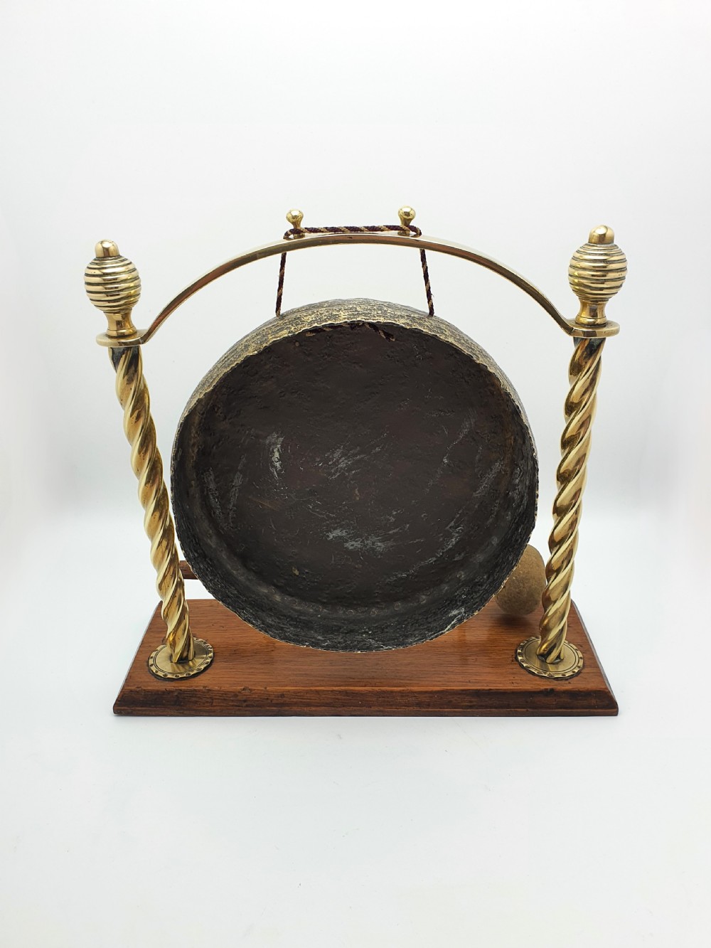 Lovely Edwardian Brass and Oak Dinner Gong - circa 1905 View III