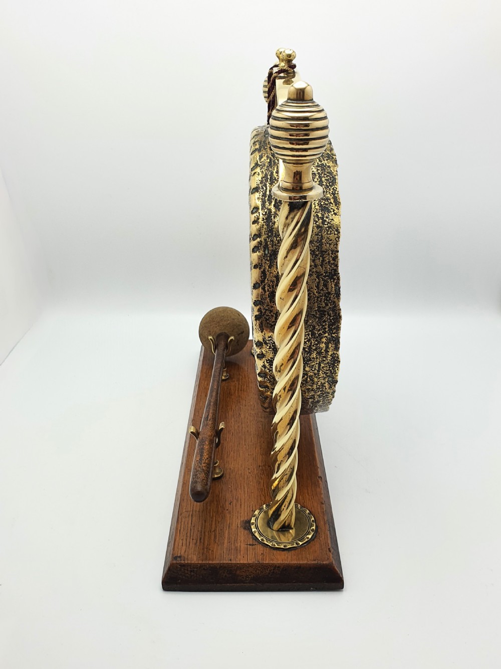 Lovely Edwardian Brass and Oak Dinner Gong - circa 1905 View IV