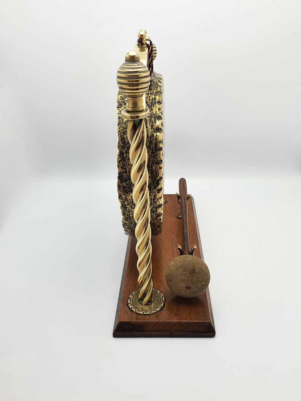 Lovely Edwardian Brass and Oak Dinner Gong - circa 1905 View V