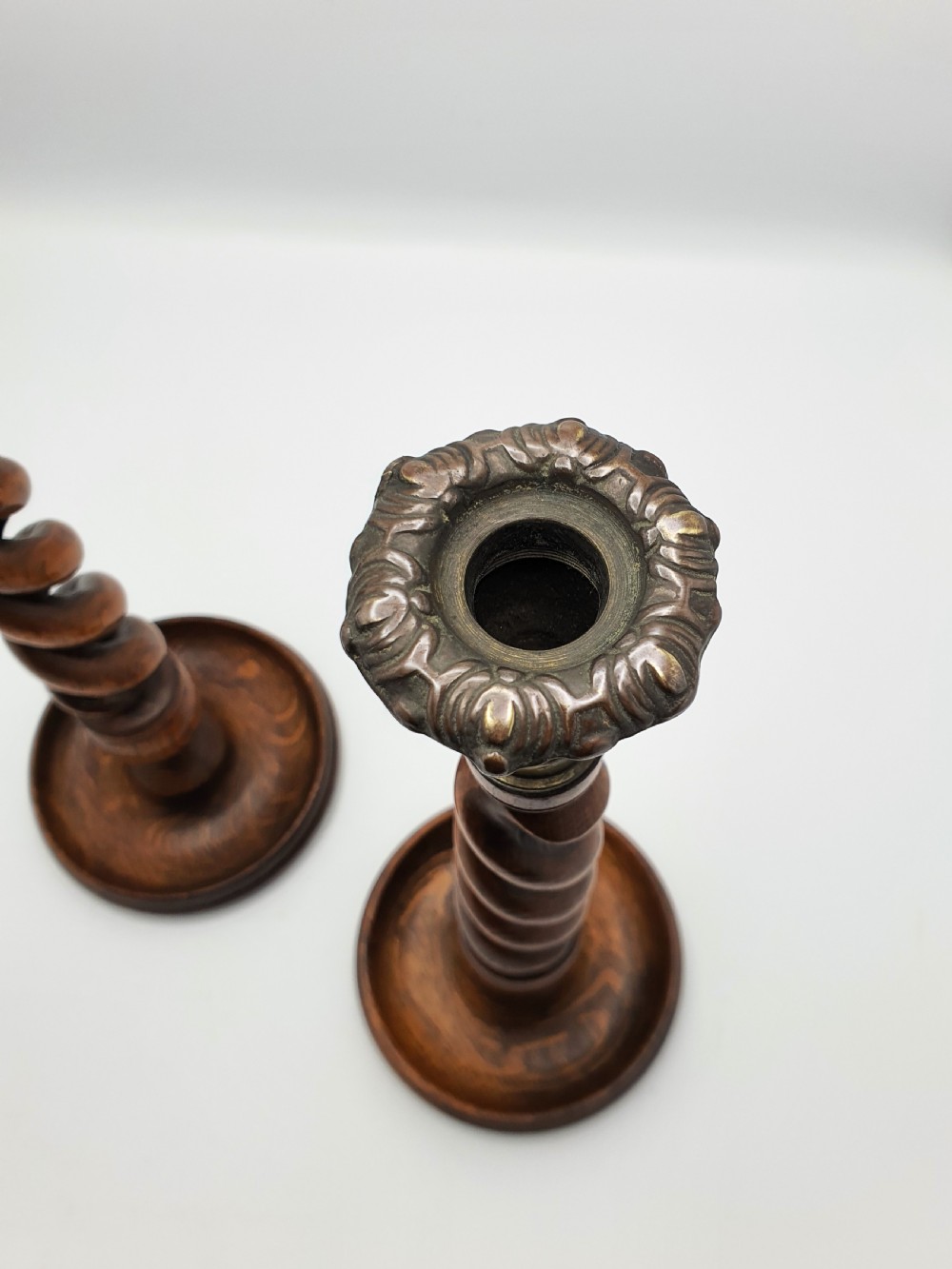 Lovely Pair of Oak Open Barley Twist Candlesticks - circa 1920 View II