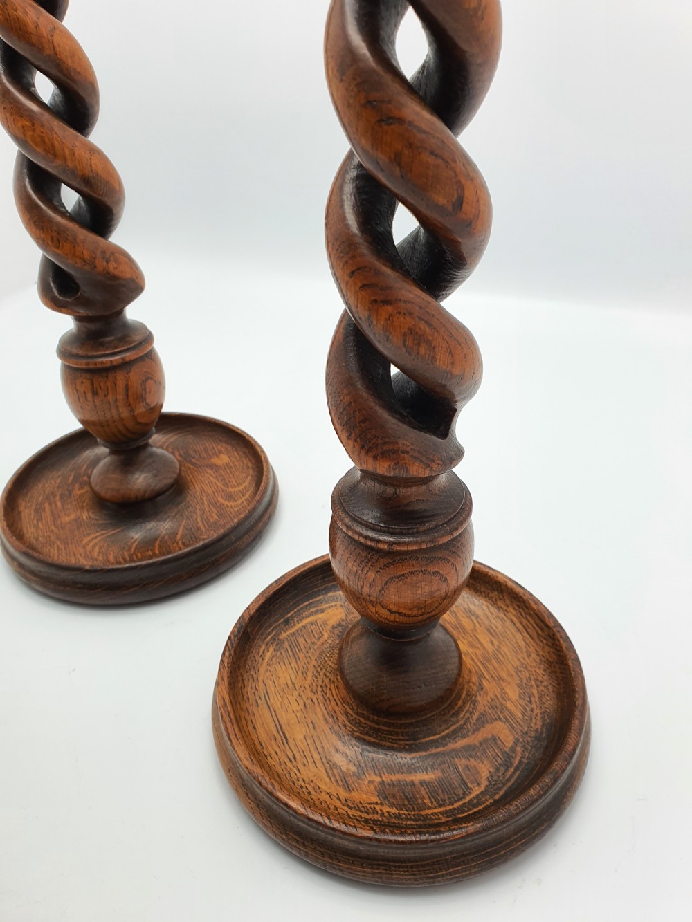 Lovely Pair of Oak Open Barley Twist Candlesticks - circa 1920 View III