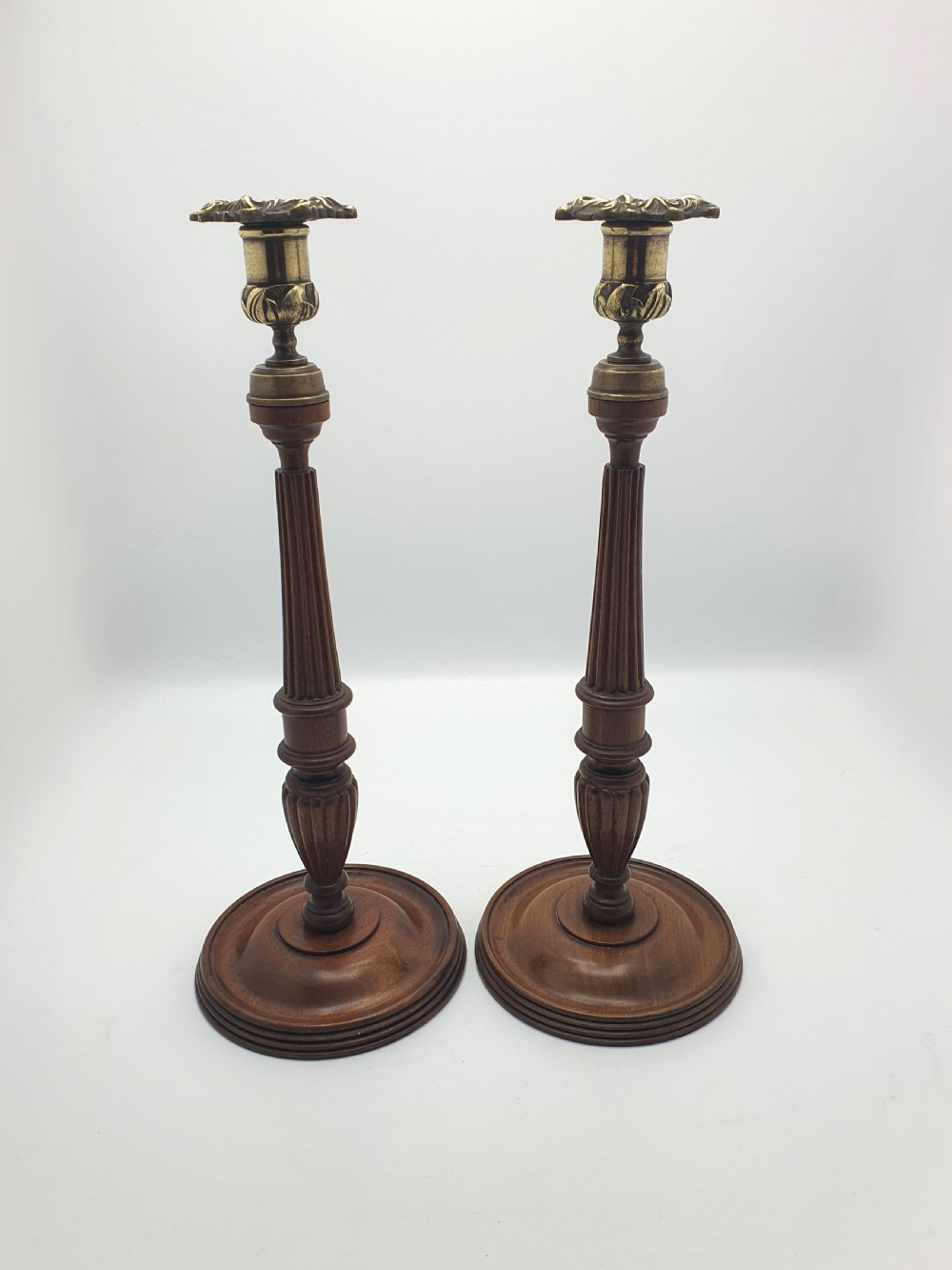 Superb Pair of Georgian Style Mahogany and Brass Candlesticks – circa 1920