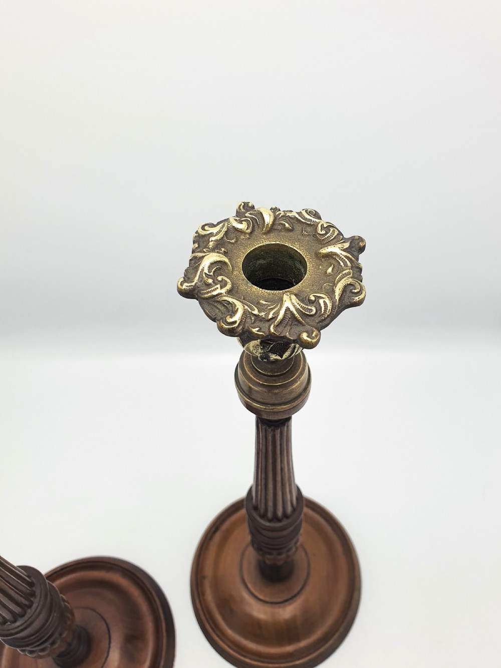 Superb Pair of Georgian Style Mahogany and Brass Candlesticks – circa 1920 View IV