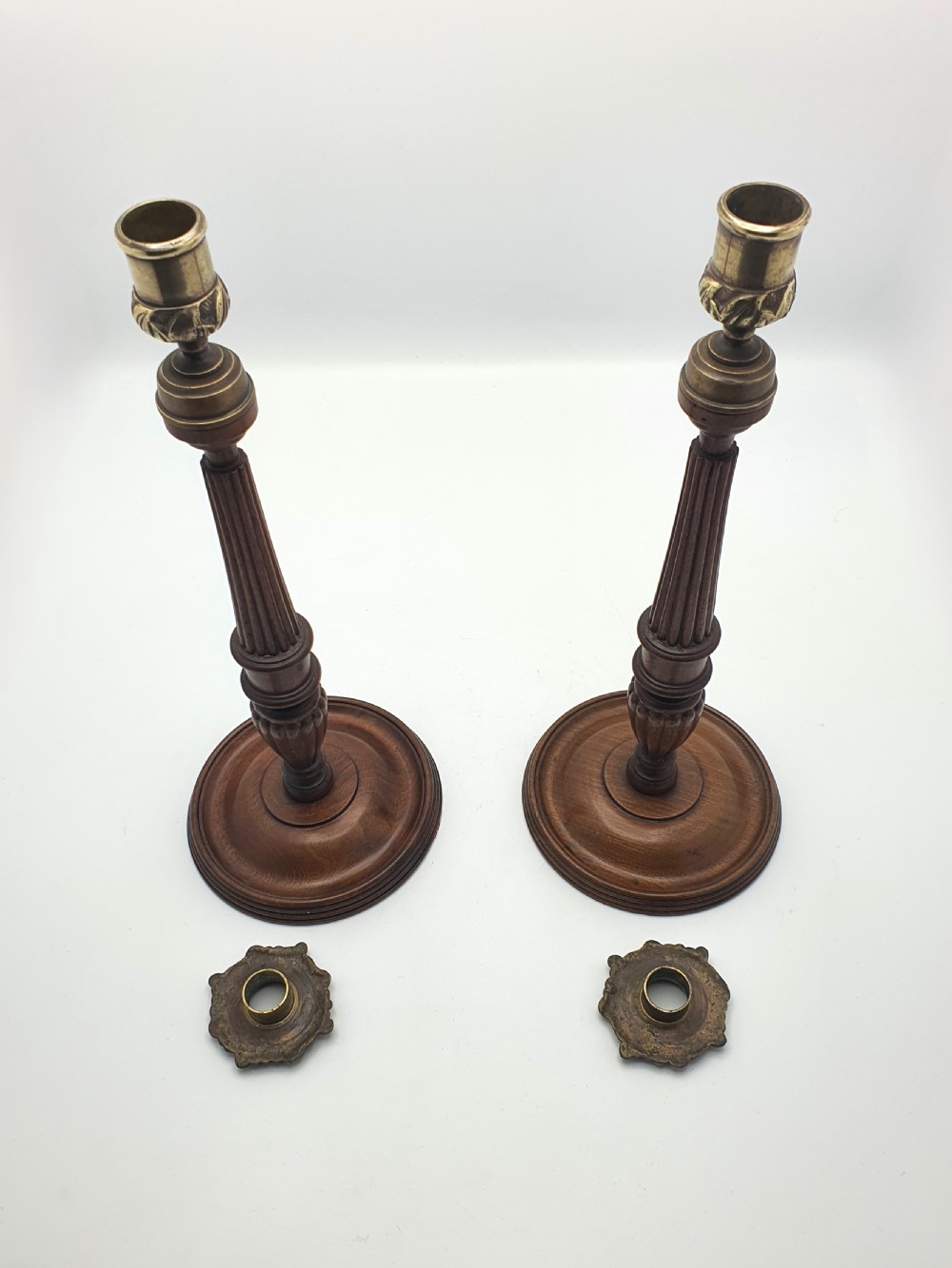 Superb Pair of Georgian Style Mahogany and Brass Candlesticks – circa 1920 View V