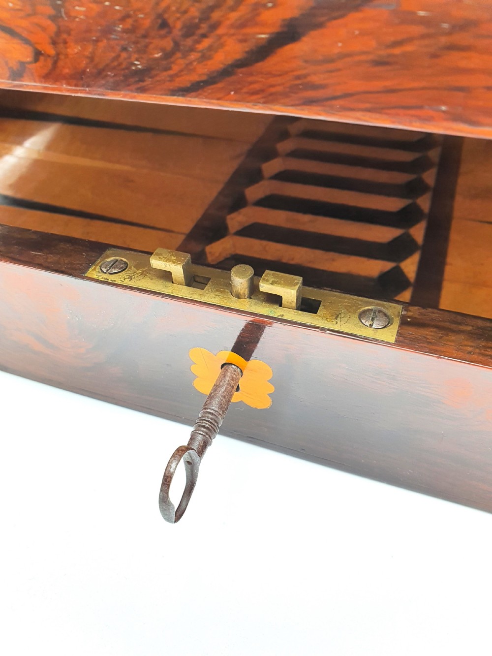 A Victorian folding wooden games box featuring a hand-inlaid checkered chessboard surface surrounded by figured timber borders. View X