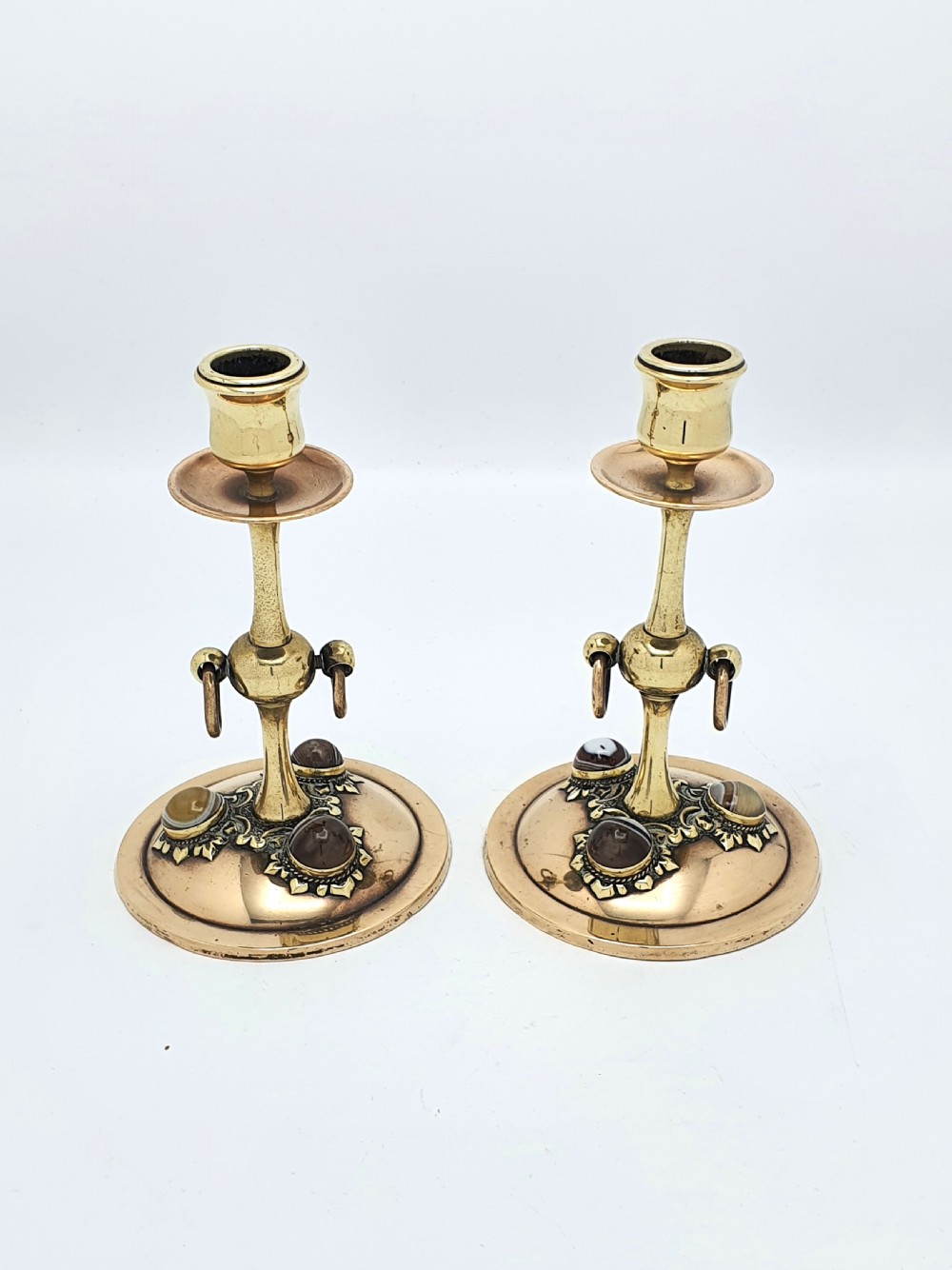 Pair of Bronze and Brass Agate Set Candlesticks - circa 1880