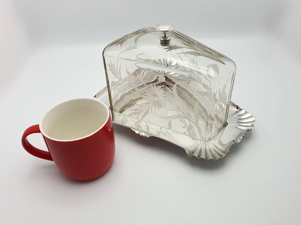A wedge-shaped glass cheese dome with etched botanical details resting on a contoured silver-plated tray. View VIII