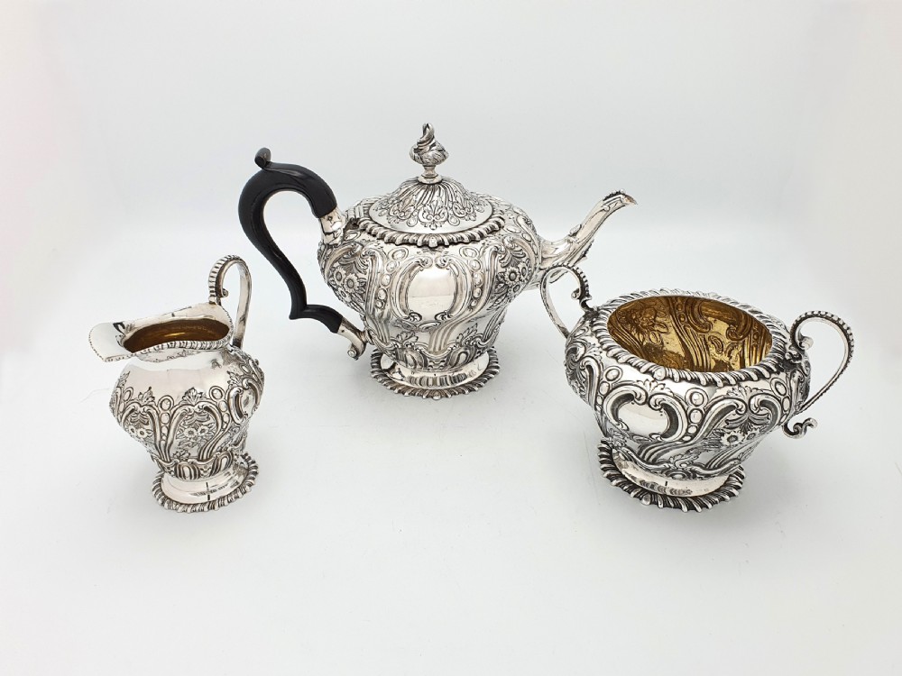 Fabulous Victorian Embossed Three-Piece Silver-Plated Tea Set - 1888