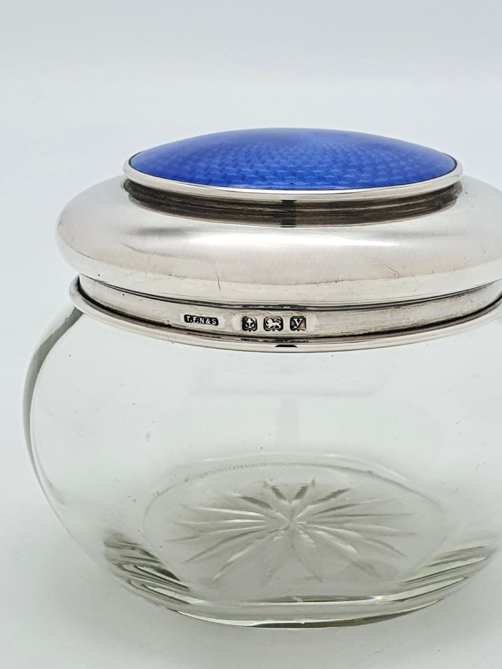 Lovely Silver and Guilloche Enamel Topped Glass Jar - 1923 View IV