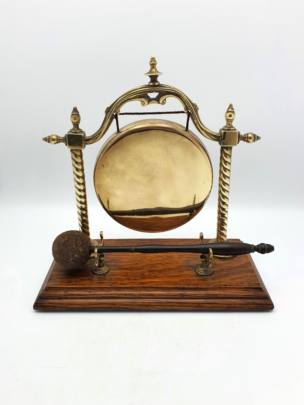 Lovely Edwardian Brass and Oak Dinner Gong - circa 1905 View II