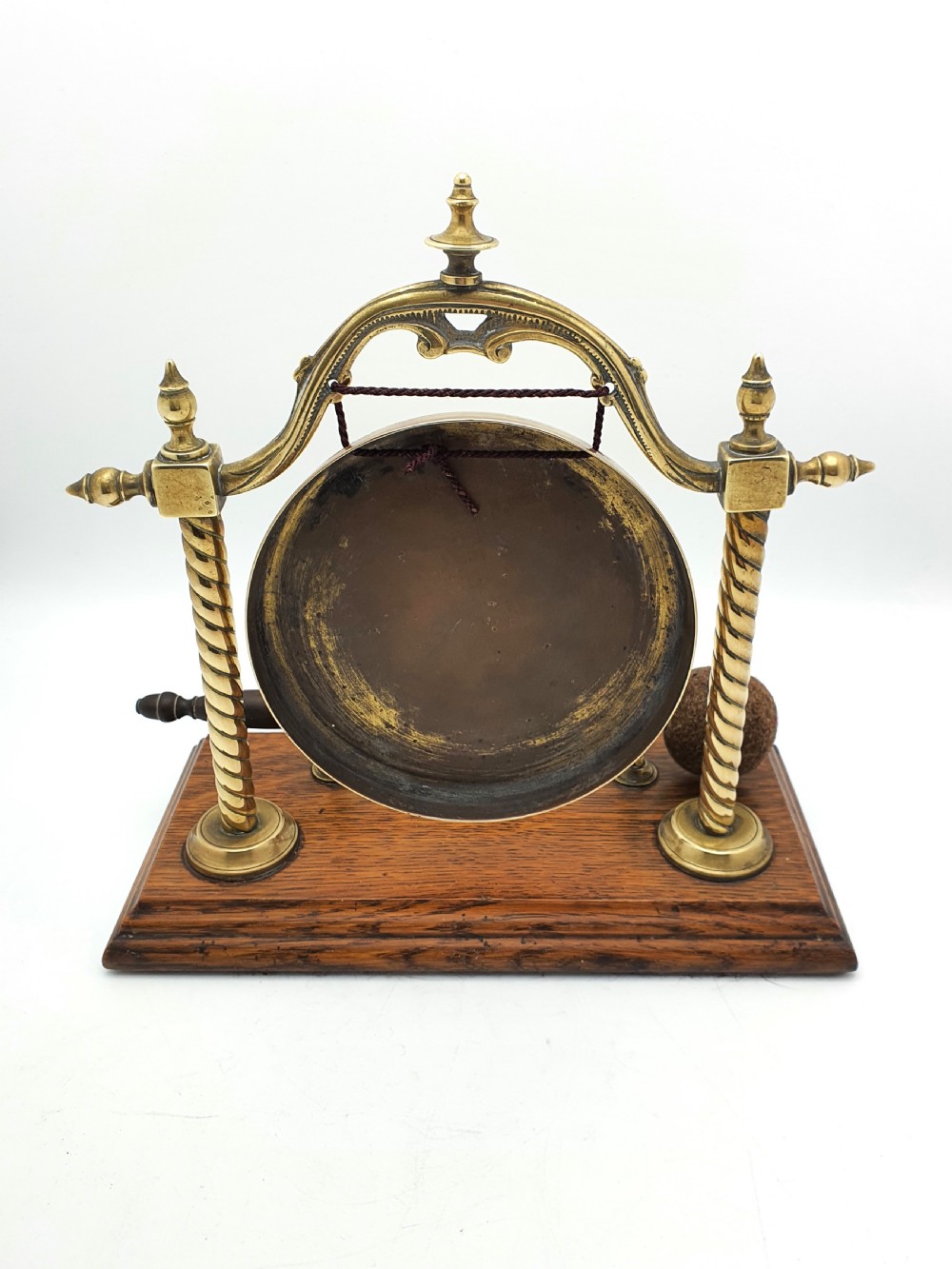 Lovely Edwardian Brass and Oak Dinner Gong - circa 1905 View III