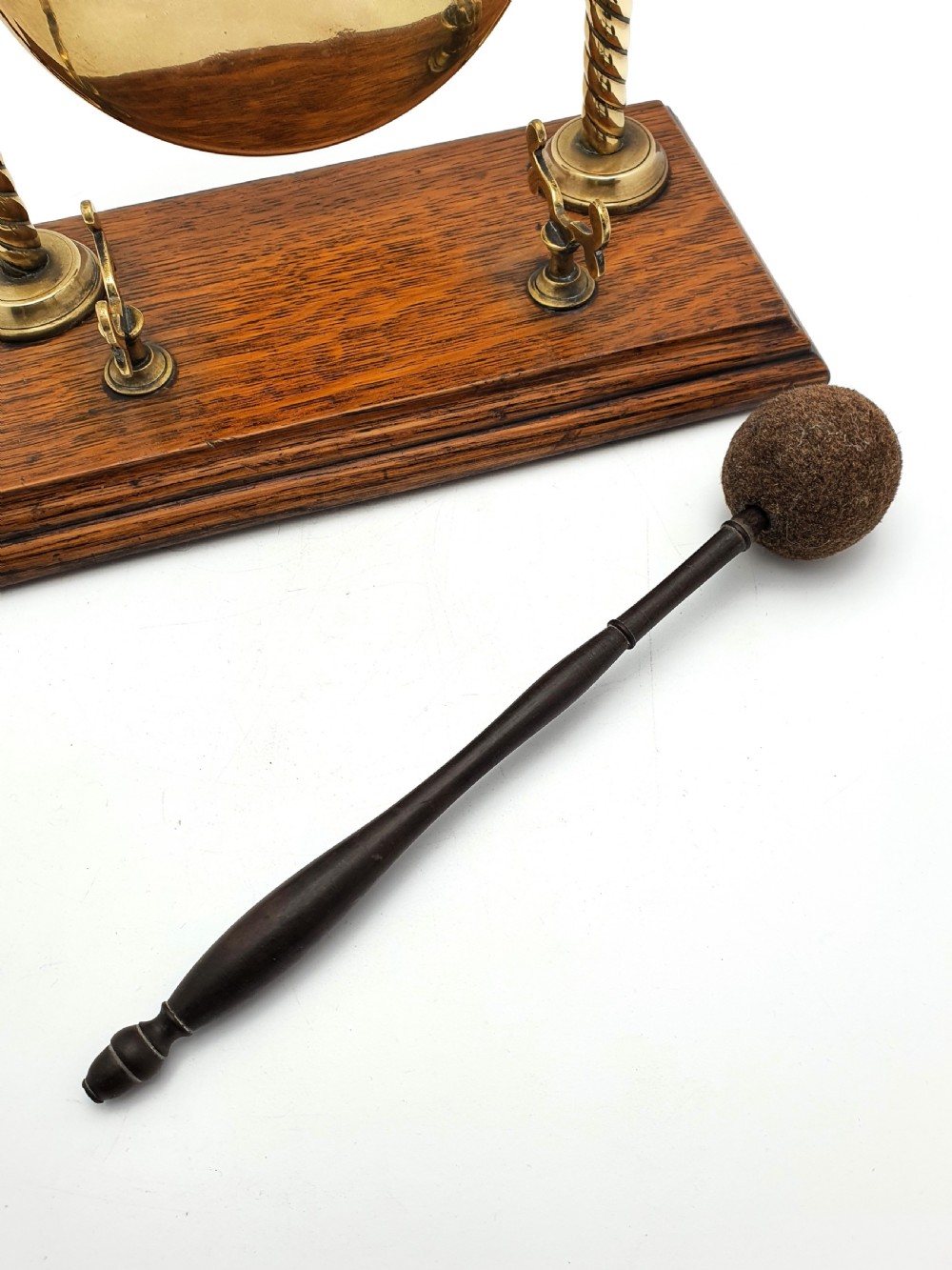 Lovely Edwardian Brass and Oak Dinner Gong - circa 1905 View IV