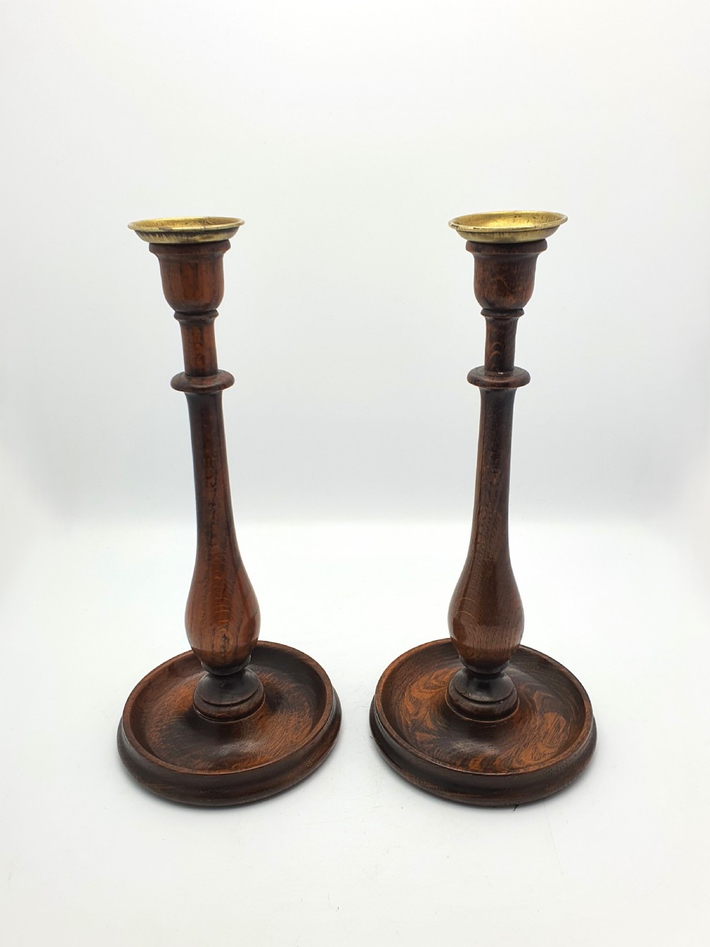 Stylish Pair of Oak and Brass Candlesticks - circa 1920