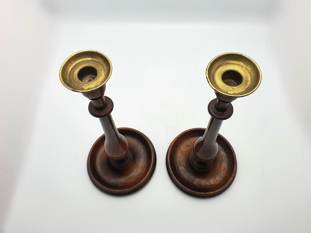 Stylish Pair of Oak and Brass Candlesticks - circa 1920 View II