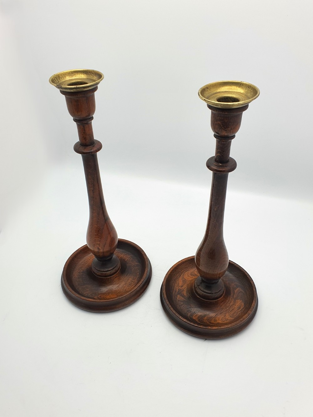 Stylish Pair of Oak and Brass Candlesticks - circa 1920 View III