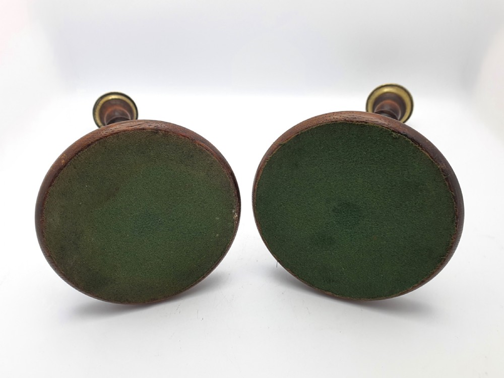 Stylish Pair of Oak and Brass Candlesticks - circa 1920 View V