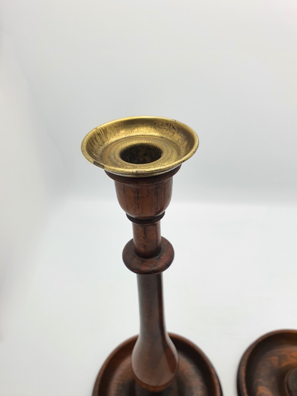 Stylish Pair of Oak and Brass Candlesticks - circa 1920 View VI
