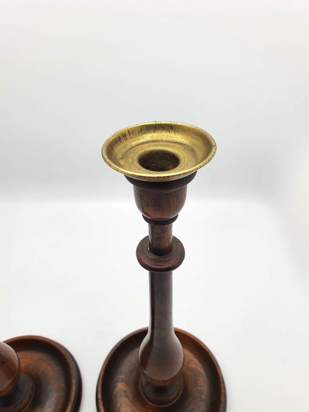 Stylish Pair of Oak and Brass Candlesticks - circa 1920 View VII
