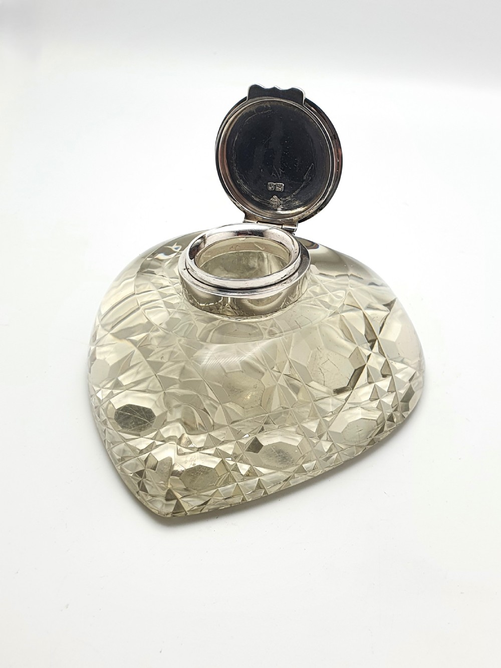 Fabulous Antique Cut Glass and Silver Topped Heart Shaped Ink Well – 1899 View III