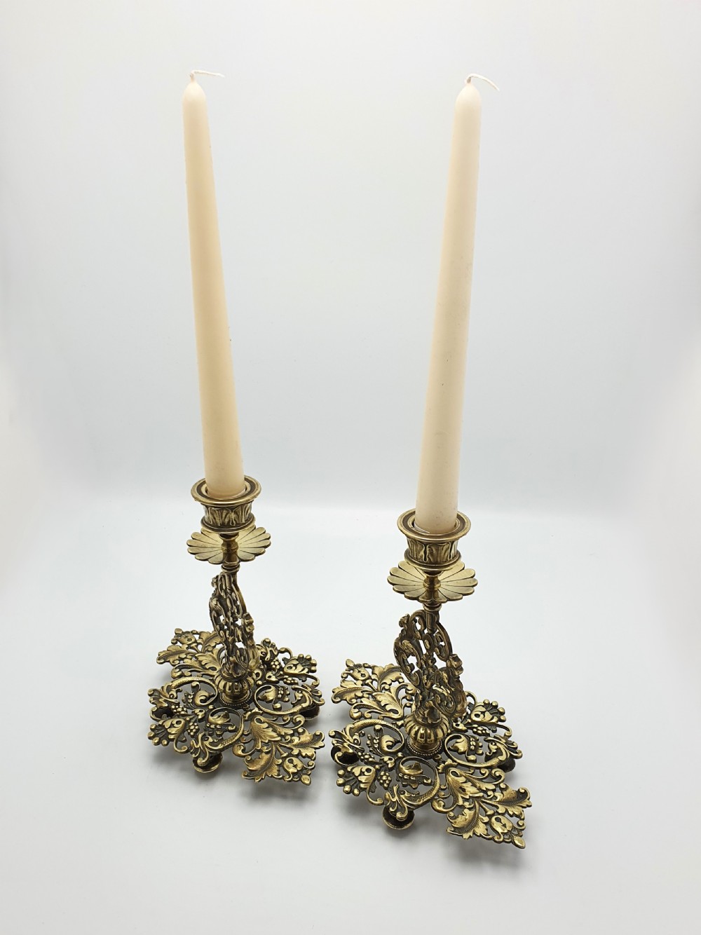 Very Nice Pair of Antique Victorian Brass Tray Based Candlesticks - circa 1890 View II