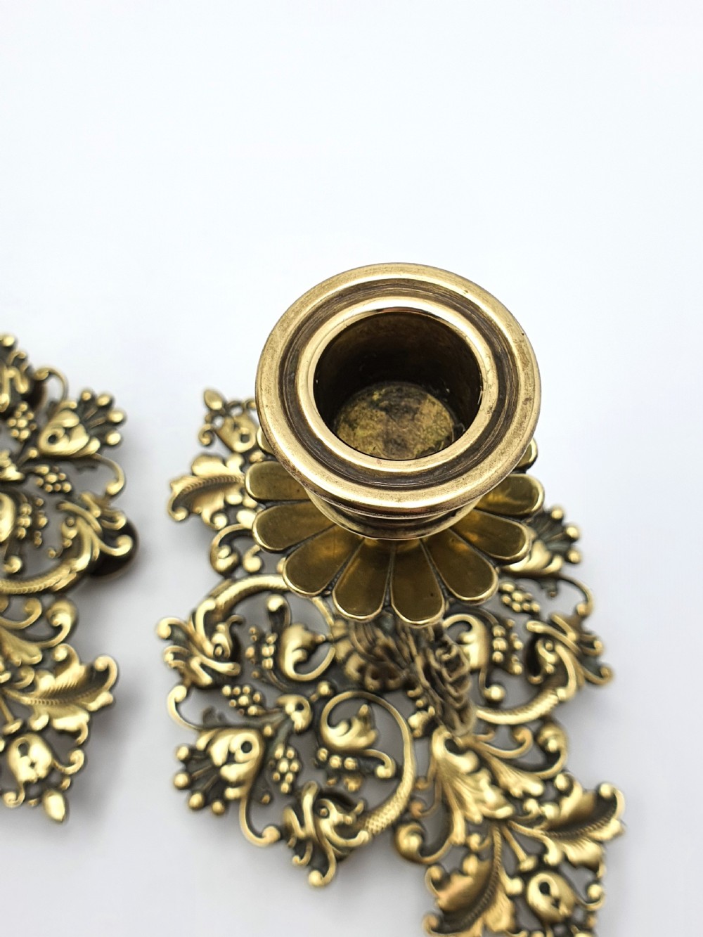 Very Nice Pair of Antique Victorian Brass Tray Based Candlesticks - circa 1890 View IV