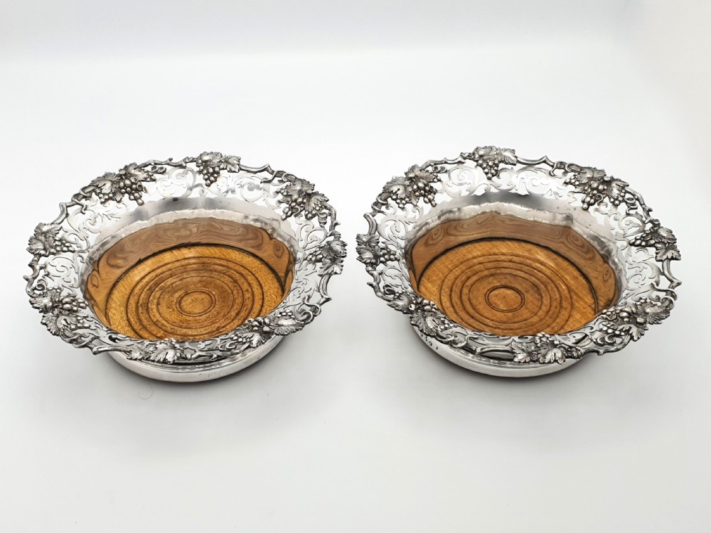Nice Pair of Antique Victorian Pierced Silver-Plated Wine Bottle Coasters with Grape & Vine Motifs – circa 1890 View II