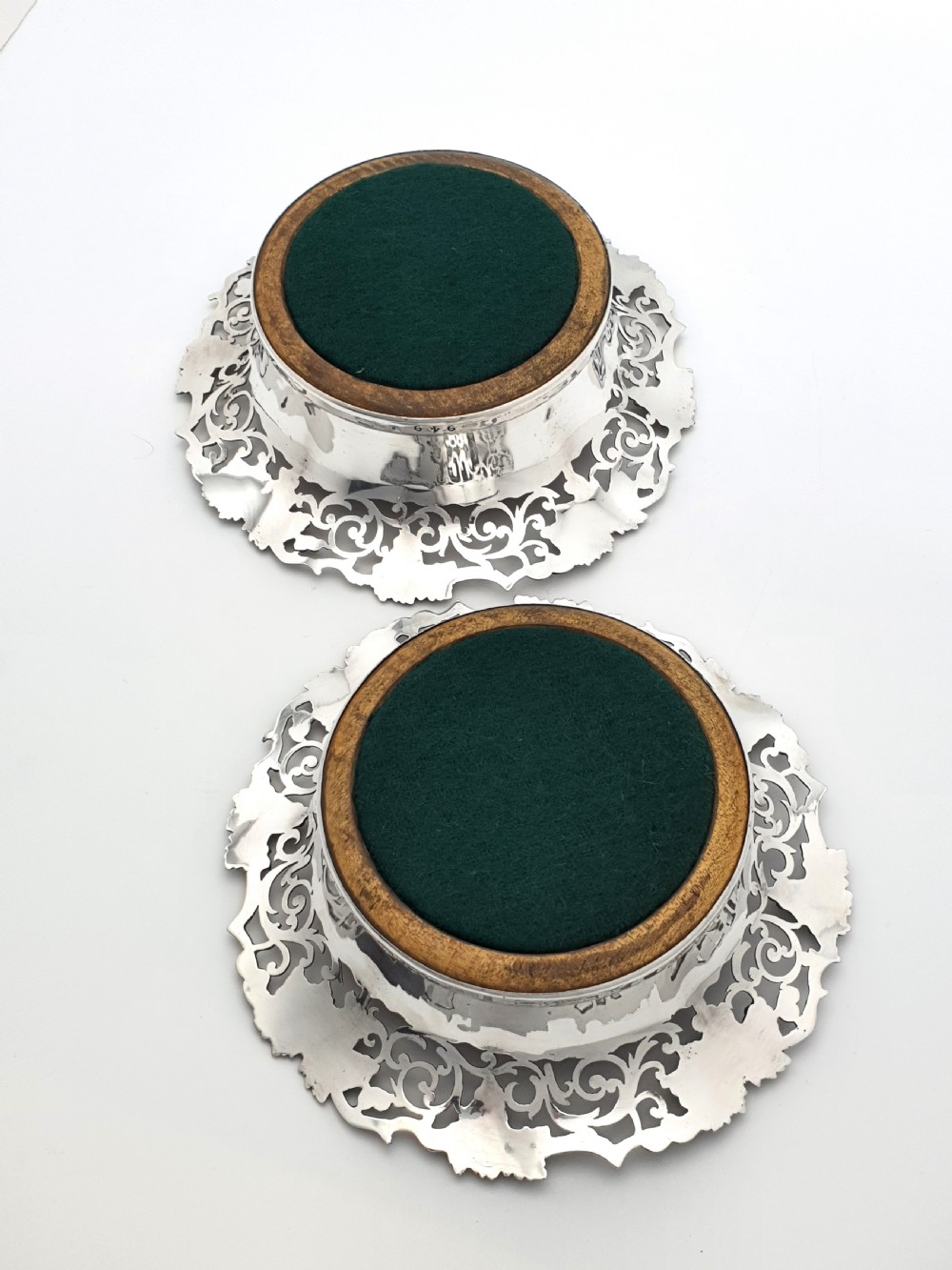Nice Pair of Antique Victorian Pierced Silver-Plated Wine Bottle Coasters with Grape & Vine Motifs – circa 1890 View V