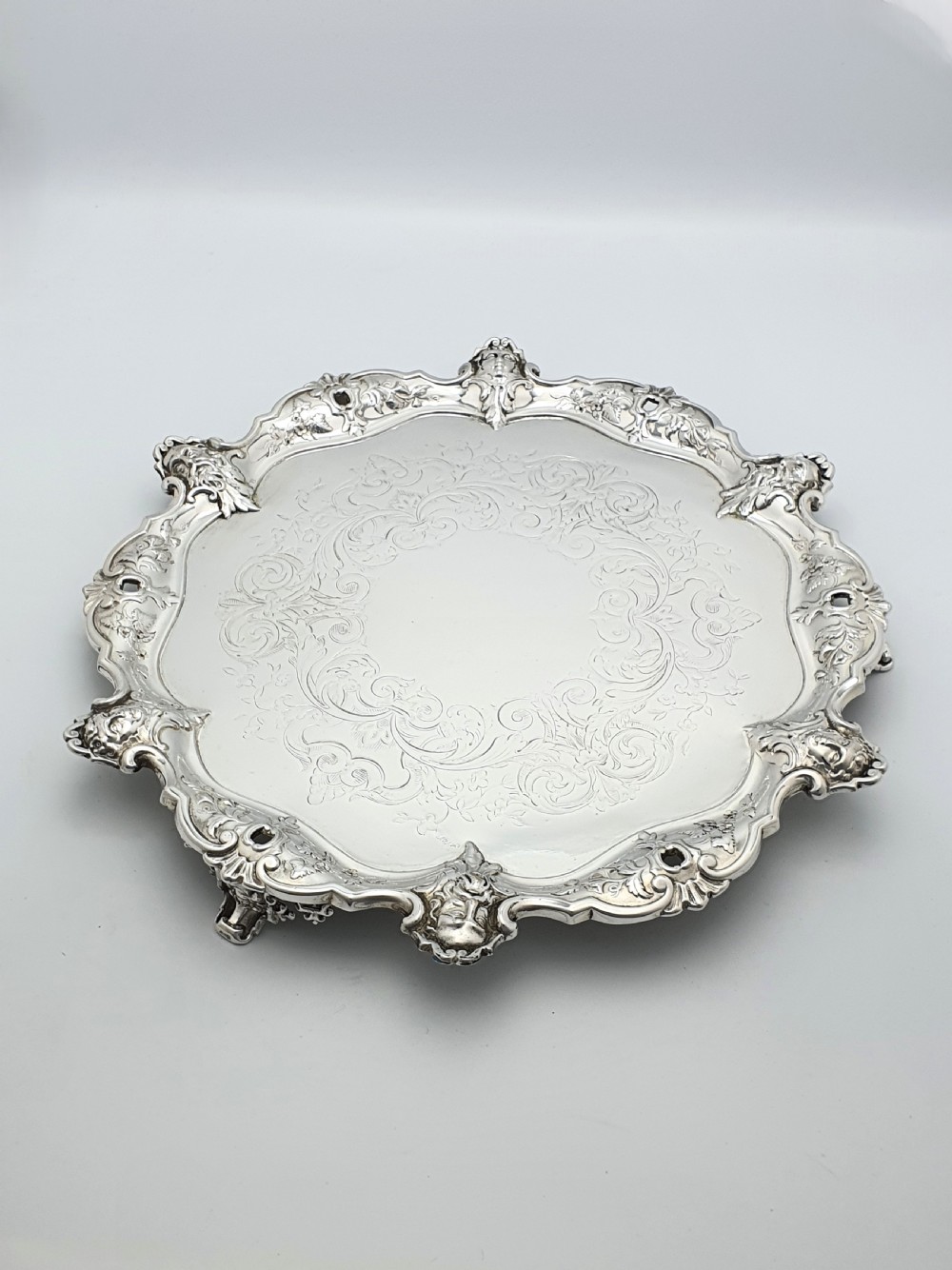 Unusual Antique Victorian Silver-Plated Salver with Figural Masks & Ornate Engraving – circa 1880