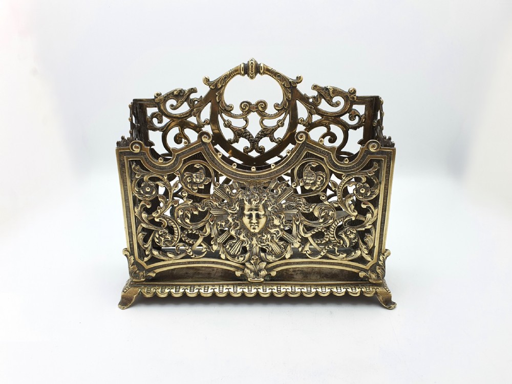 Handsome Antique Victorian Ornate Brass Letter Rack with Pierced Scrollwork & Classical Mask Motif – circa 1890