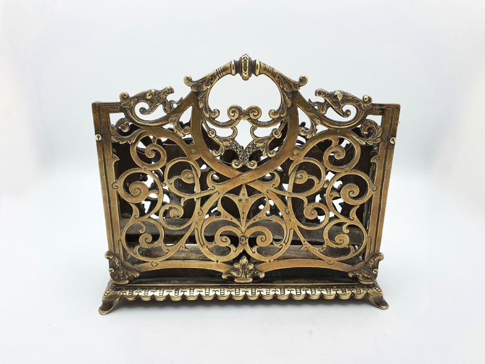 Handsome Antique Victorian Ornate Brass Letter Rack with Pierced Scrollwork & Classical Mask Motif – circa 1890 View IV